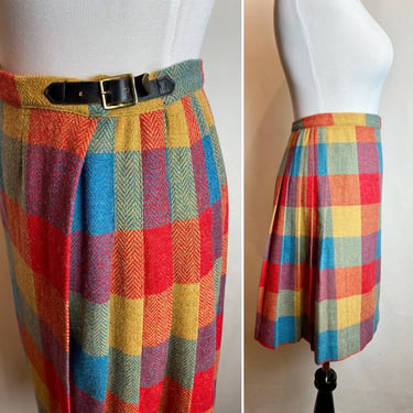 60’s colorful wool tweedy plaid wrap skirt~ short miniskirt rainbow colorful patchwork style pleated schoolgirl Small 26” waist 