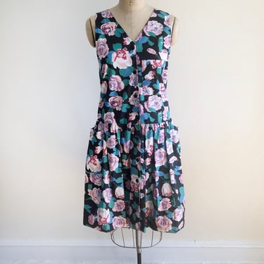 Black and Pink Floral Print Pinafore Dress - 1980s 