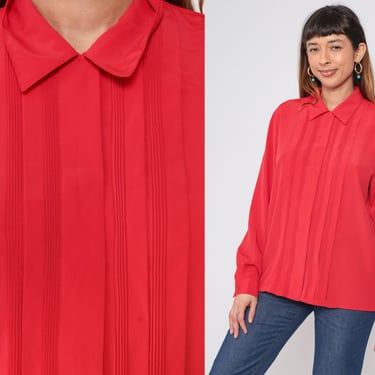 Red Pleated Blouse 80s 90s Button Up Top Formal Preppy Collared Shirt Plain Long Sleeve Simple Vintage 1990s Large 12 