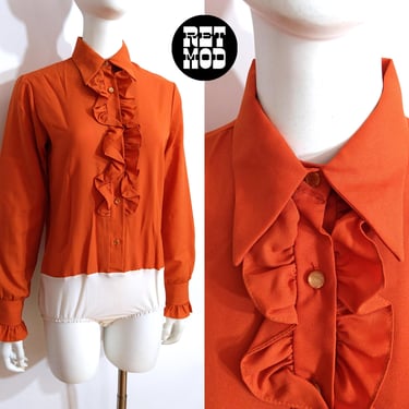 Festive Vintage 60s 70s Orange Long Sleeve Dagger Collar Bodysuit with Ruffles 