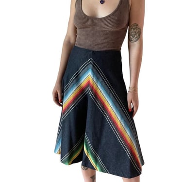 Vintage 1970s Womens High Waisted Denim Geometric Hippy Rainbow Western Skirt 