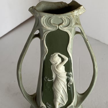 Schafer Vater German Bisque Green Jasperware Art Nouveau Maiden Bud Vase 