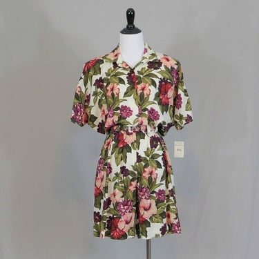 NWT 90s Floral Romper - White w/ Purple Pink Red Green Flowers - Deadstock One-Piece Outfit - Be Smart - Vintage 1990s - M 