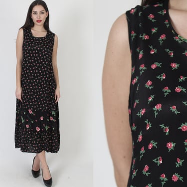 90s Black Roses Floral Dress / Gypsy Grunge Festival Outfit / Loose fitting Babydoll Maxi Frock 