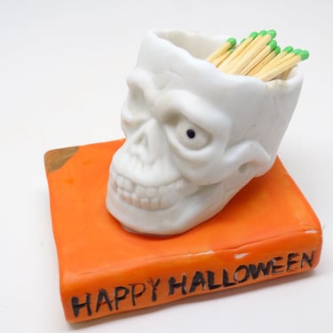 Vintage Happy Halloween Skeleton Head Match Holder with Striker, Antique Skull, Retro MCM 