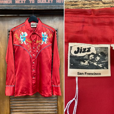 Vintage 1970’s “Jizz” Label Happy Trails Satin Cowboy Western Glam Rockabilly Shirt, 70’s Vintage Clothing 