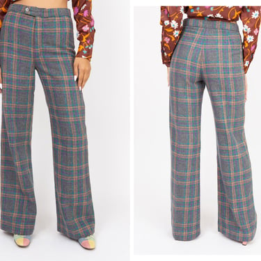 Vintage 1970s 70s High Waisted Pastel Rainbow Checkered Flared Trousers Pants Slacks 