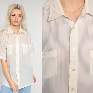 Off-White Button Up Shirt 70s Semi Sheer Striped Top Retro Preppy Short Sleeve Collared Plain Basic Seventies Vintage 1970s Men's Large L 