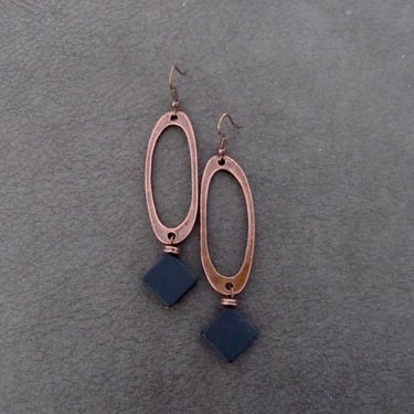 Long hammered copper and black stone earrings 