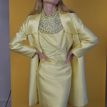 JEWEL Jack Bryan Collar Silk Dress & Coat Set Vintage 60s Yellow Glam Mod Sz S to M 