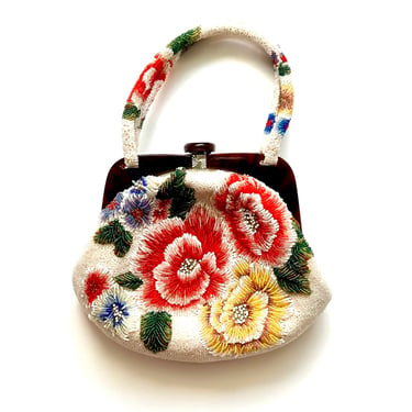 Antique Japanese Kyoto Beaded Handbag 1930s 1940s Floral Clutch White Mini Bag Purse 