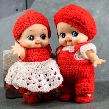 Christmas Baby Dolls | Set of 2 Twin Baby Dolls with Hand-Crocheted Red & White Christmas Outfits | Circa 1970s | Bixley Shop 