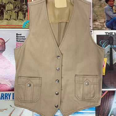 1970s Lee Light Brown / Beige Button Up Soft Fabric Vest w Pockets Men's S/M | Vintage, Western, Ranch, Hipster, Country, Farm 