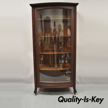 Antique Mission Oak Arts &amp; Crafts Bowed Front China Display Cabinet Curio