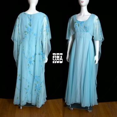 Ethereal Vintage 60s 70s Light Blue Floral Sheer Waterfall Dream Dress 