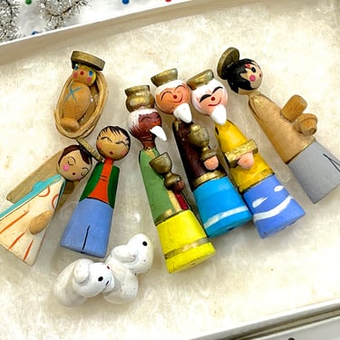 VINTAGE: 9pcs - Miniature Wooden Nativity Set - Christmas Holiday 