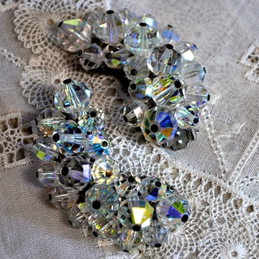 Vintage Signed Laguna Aurora Borealis Sparkling Crystal Crescent Shape Cluster Earrings Collectible Wedding Prom Formal Gift for Her Large 