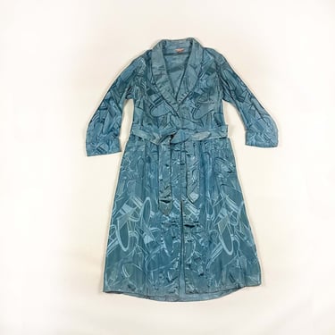 1940s Art Deco Damask Baby Blue Iridescent Smoking Jacket / Robe / 30s / Smoking Jacket / Duster / L / Shiny / Noir / Mens / Novelty Print / 