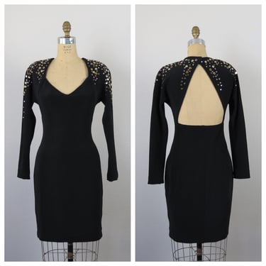 Vintage 1980s body con cocktail dress, open back, studded, Tadashi, party, evening, date night 