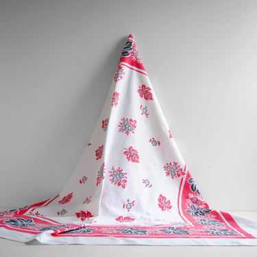 Vintage Red, White, and Black Linen Tablecloth with Leaf Design 