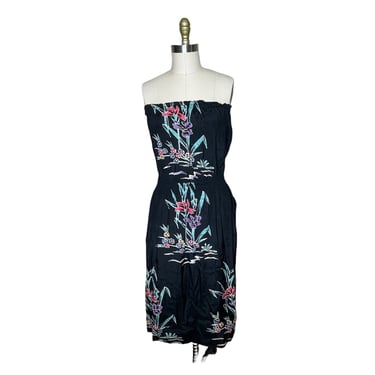 Vintage 80's Black Java Wraps Hawaiian St. Lacoix Tropical Halter Tube Dress, Size M 