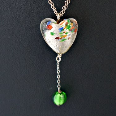 70's sterling puffy confetti glass heart boho pendant, foiled glass 925 silver double chain Y sweetheart necklace 