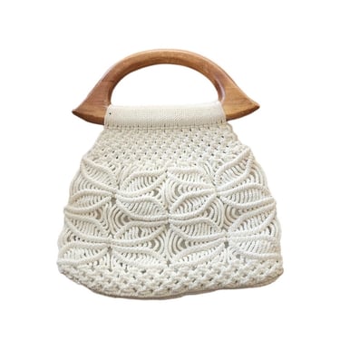 Vintage 70s Macrame Hand Bag Cream White Crochet Purse Wood Handle 