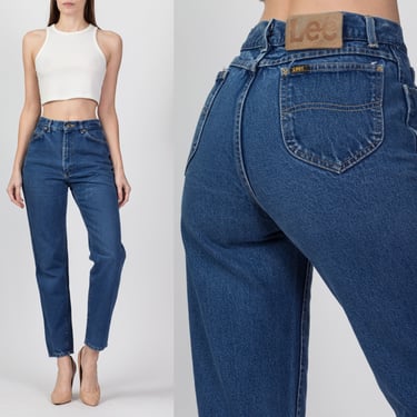 80s Lee High Waist Dark Wash Jeans - Small, 26" | Vintage Tapered Leg Slim Mom Jeans 