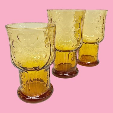 Vintage Drinking Glasses Retro 1970s Mid Century Modern + Libbey + Country Garden + Daisy + Amber Glass + Set of 3 + Water Tumbler + Kitchen 