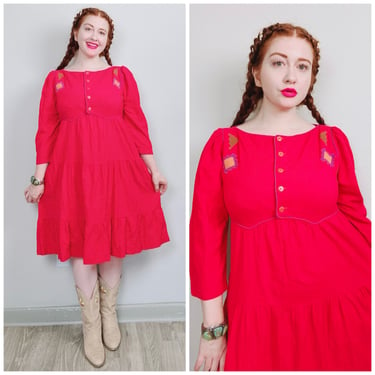 1980s Vintage Patti Coppali Red Tiered Cotton Dress / 80s / Eighties Western Applique Babydoll Dress / Size Large 