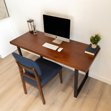 Straight-Edge Walnut Colored Office Desk, Mid-Modern Minimal Style Work Desk, Solid Wood Computer Table, Choose Your Steel Leg Style, UMBUZO 