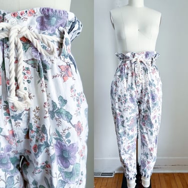 Vintage 1980s Floral & Striped Paper Bag Waist Pants / M 