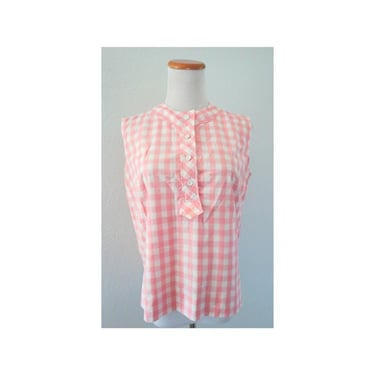 Vintage Gingham Blouse - 60s Sleeveless Pink Checkered Top - Summer Cottagecore Picnic Outfit - Size Medium Large 