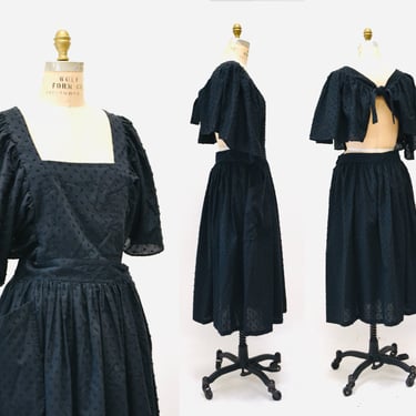 80s Vintage Black Cotton Dress Summer Apron Dress MIMI TRUJILLO Medium Large Black Cotton Pinafore Apron Summer Dress Ruffle Backless Dress 
