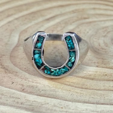 HORSESHOE BLUE Vintage Sterling Silver Inlay Turquoise Ring | Signet Style, Native American Southwestern Jewelry | Size 14.5 