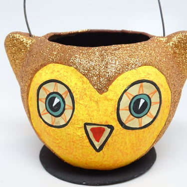 Vintage Reproduction  Glittered Owl Jack O Lantern Candy Container with Moon on Handle 