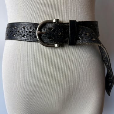 Vintage 70’s wide  black leather belt~ cutout design~ Rock n roll style edgy Rocker belts unisex / open size up to XXLG 