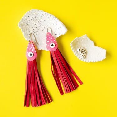 Ika / Squid Earrings in Pink w/ Red Fringe - Lightweight & Made from Reclaimed Leather 