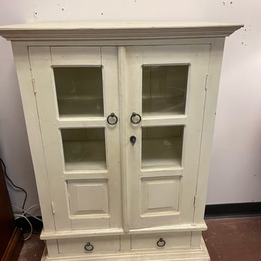 Small Cream Colored, Glass Front Cabinet with Two Drawers
