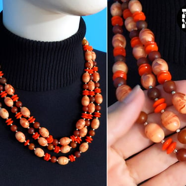 So Lovely Vintage 50s 60s Swirly Orange Glass Beaded 3-Strand Statement Necklace 