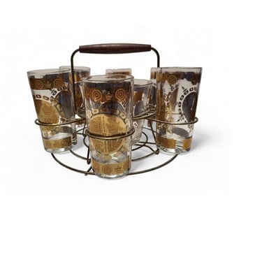 1960s Vintage Cocktail Set, Vito Bari 22k Gold Crest Fleur De Lis Signed Highball Drink Glasses, Ice Bucket & Caddy, Mid Century Barware 