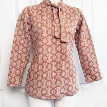 MOD style Polyester Pussycat Bow Blouse Tunic Beige Tan 1960's  1970's Vintage Top Shirt Long Sleeves Hippie Boho 
