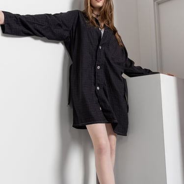 BLACK DRESS SHIRT Vintage Cotton Belted 60s Housecoat Black Long Sleeve Collared Oversize / Xl 