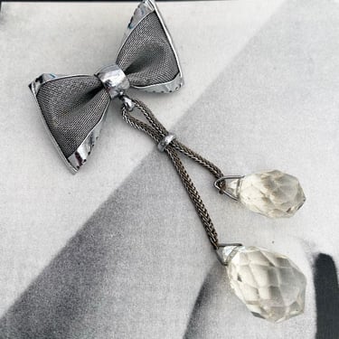 Art Deco 1930s Geometric Chrome Bow  & dangle Crystal brooch Modernist Design by BakeliteBa