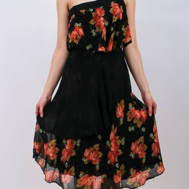 1970s Does 1930s Disco Era Black and Pink Floral Chiffon Party Dress