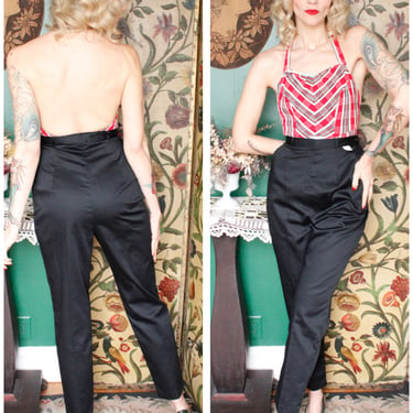 Vintage 80s Black Belted Trousers/ 1980s High Waisted Wide Leg