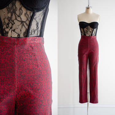 red brocade pants | 90s y2k vintage burgundy black baroque dark academia style straight leg trousers 