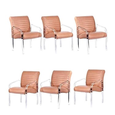 Set of Six Lucite and Leather Dining Chairs by Leon Frost, Signed 