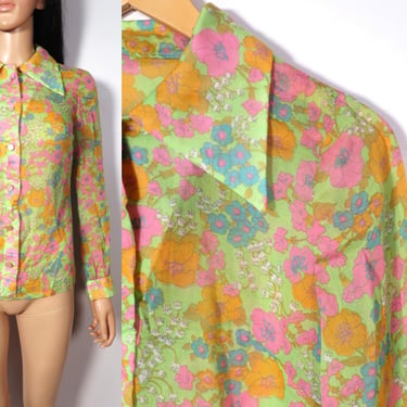 Vintage 60s Neon Green Flower Power Gauzy Sheer Blouse Size XS 