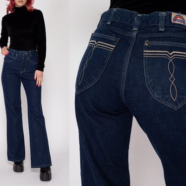XS 70s Wrangler Dark Wash Rainbow Tag Flared Jeans | Vintage No Fault Denim Mid High Rise Bootcut Jeans 